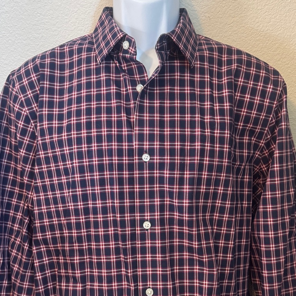 Banana Republic Men's Dark Blue and Pink Plaid Shirt